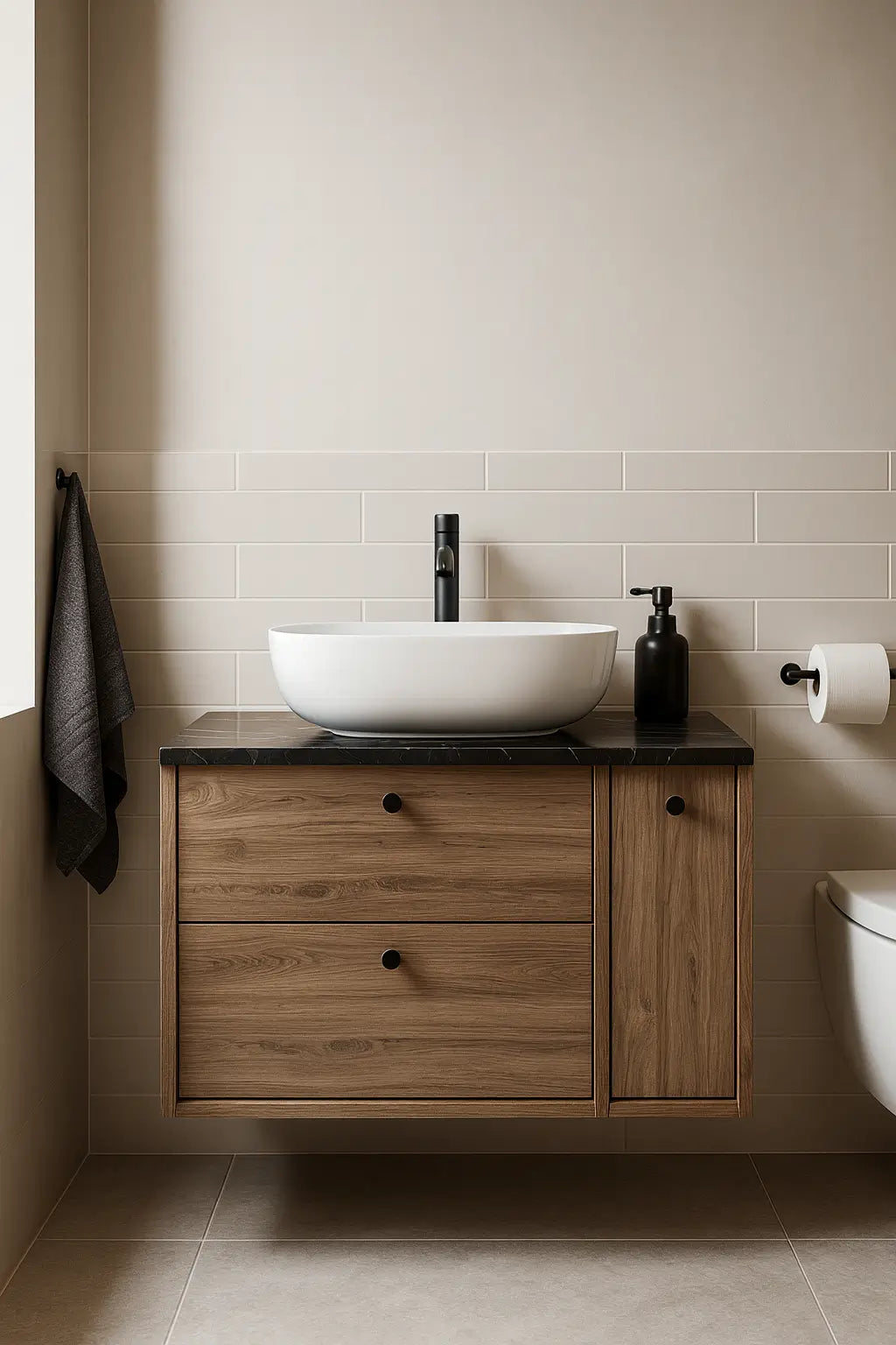 Waschtischunterschrank 80 cm mit Regal, glatte Fronten Belino - Walnuss Dunkel/Marmor Schwarz