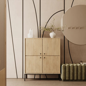 Highboard 100 cm, 4 Türen, glatte Fronten, auf einem schwarze Metallrahmen Gaja - Eiche Cremona