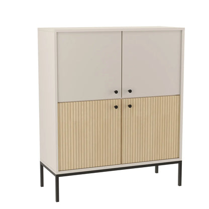 Highboard 100 cm, 4 Türen, glatte Fronten, auf einem schwarzen Metallrahmen in Kaschmir/Eiche – Gaja. Dieses elegante Highboard bietet eine stilvolle Kombination aus Funktionalität und modernem Design. Die oberen zwei Türen in Kaschmir sind passend zur Farbgebung des Möbelstücks und sorgen für eine harmonische, einheitliche Optik. Die unteren zwei Türen in Eiche Gaja imitieren das Aussehen von Lamellen und verleihen dem Highboard eine interessante Textur und Tiefe. Der schwarze Metallrahmen sorgt für Stabil