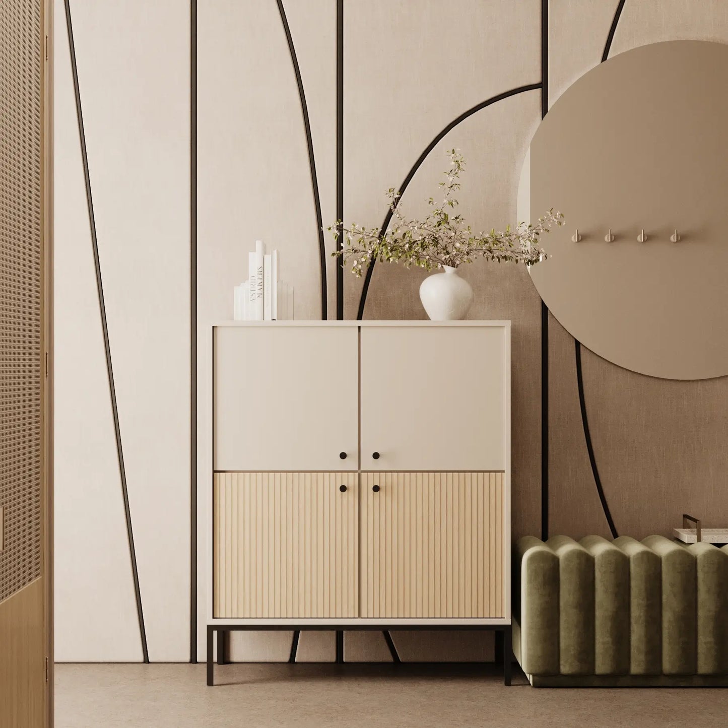 Highboard 100 cm, 4 Türen, glatte Fronten, auf einem schwarze Metallrahmen Gaja - Kaschmir/Eiche
