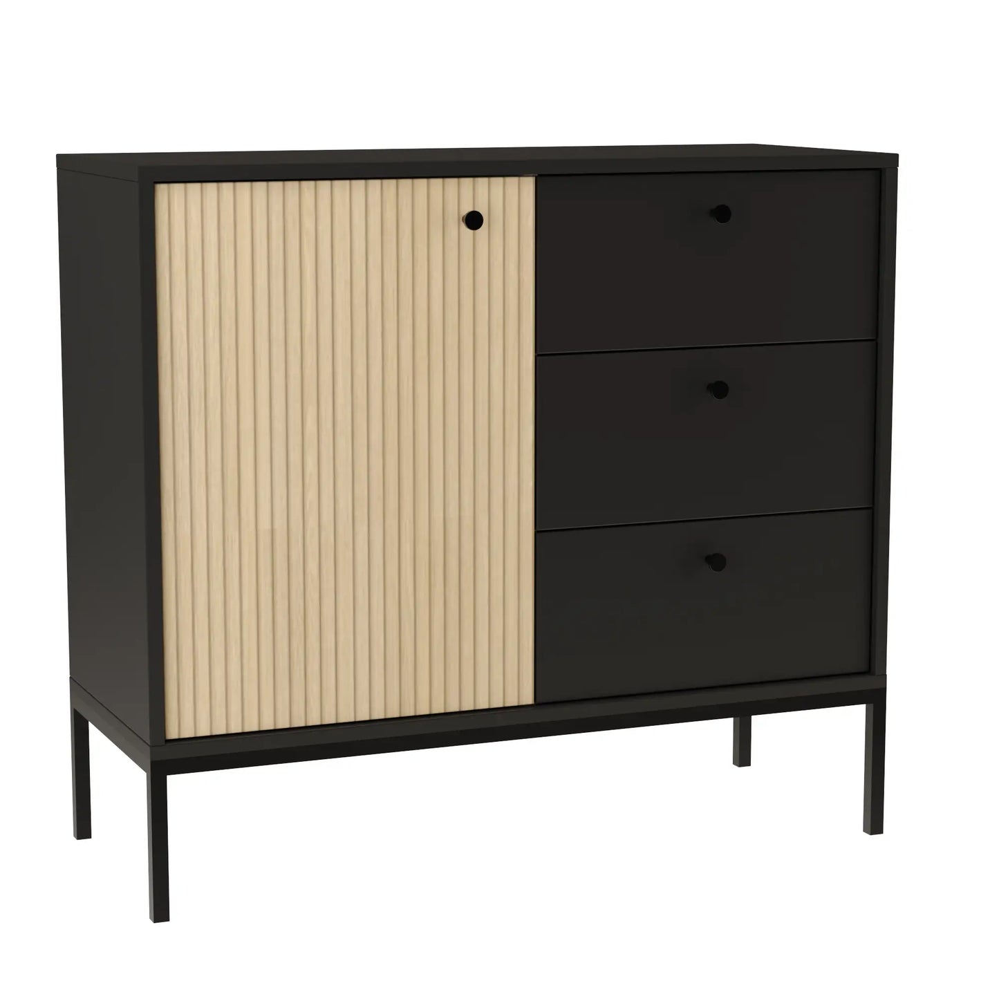 Kommode schmal 100 cm, 1 Tür, 3 Schubladen, glatte Fronten, auf einem schwarzen Metallrahmen in Schwarz/Eiche – Gaja. Diese moderne Kommode kombiniert elegantes Design mit praktischen Stauraumlösungen. Die Tür in Eiche Gaja imitiert das Aussehen von Lamellen, was ihr eine besondere, strukturierte Optik verleiht. Die 3 Schubladen mit glatten Fronten bieten ausreichend Platz für Ihre persönlichen Gegenstände. Der stabile schwarze Metallrahmen sorgt für einen industriellen Touch und erhöht die Stabilität des M