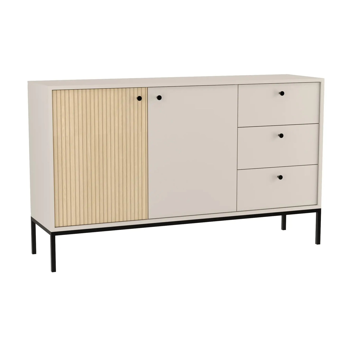 Kommode 150 cm, 2 Türen, 3 Schubladen, glatte Fronten, auf einem schwarzen Metallrahmen in Kaschmir/Eiche – Gaja. Diese stilvolle Kommode bietet eine perfekte Kombination aus modernem Design und praktischer Funktionalität. Die glatten Fronten der zwei Türen und drei Schubladen sorgen für eine elegante, minimalistische Optik. Eine der Türen in Eiche Gaja imitiert das Aussehen von Lamellen und verleiht der Kommode eine interessante Struktur. Der schwarze Metallrahmen sorgt für Stabilität und verleiht dem Möbe