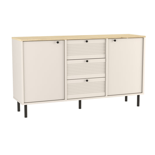 Stilvolle Kommode aus der Aura-Kollektion, 150 cm breit, in Kaschmir. Mit 3 Schubladen, die mit eleganten, geriffelten Fronten versehen sind, und 2 Türen mit glatten Fronten bietet sie großzügigen Stauraum für Ihre persönlichen Gegenstände. Das zeitlose Design und die harmonische Farbgebung passen perfekt in moderne Wohnräume und sorgen für eine ästhetische sowie funktionale Aufbewahrung.