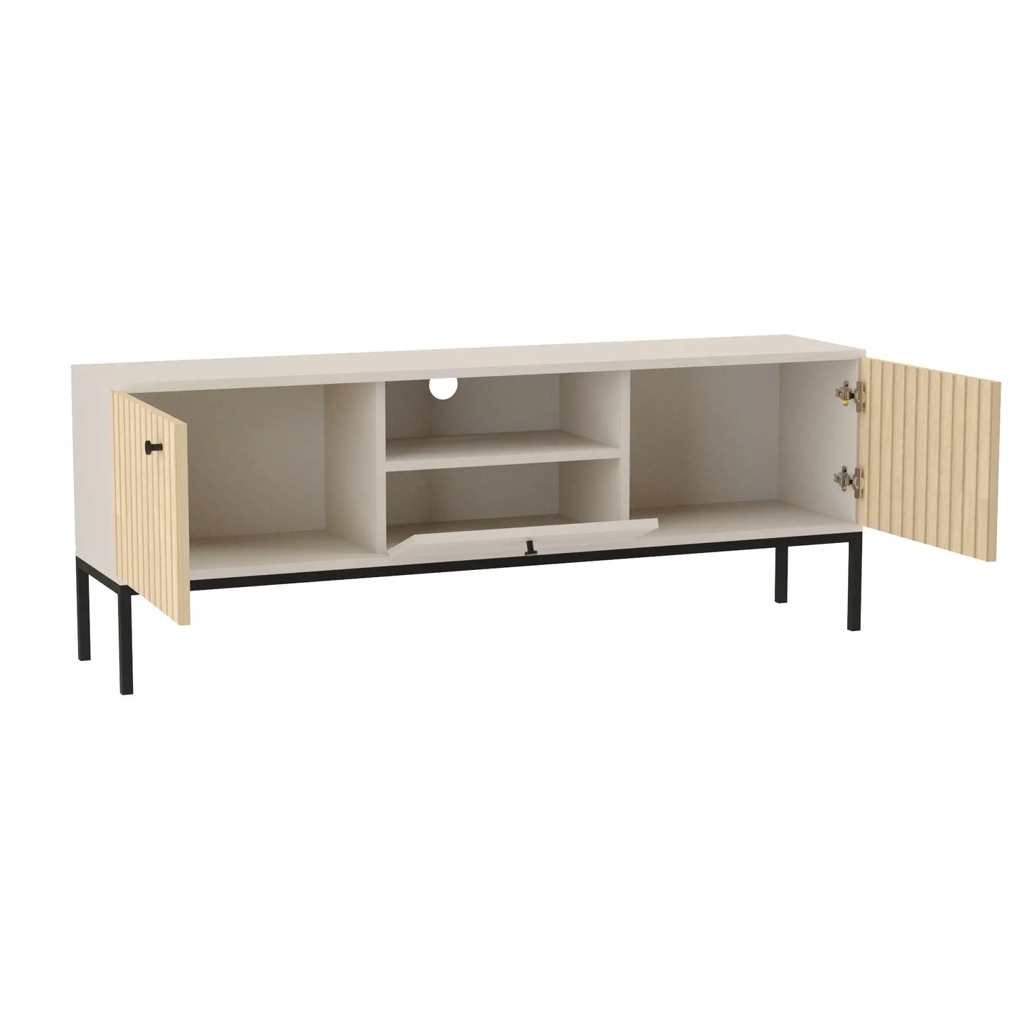 TV Schrank 150 cm, 3 Türen, glatte Fronten, auf einem schwarze Metallrahmen Gaja - Kaschmir/Eiche