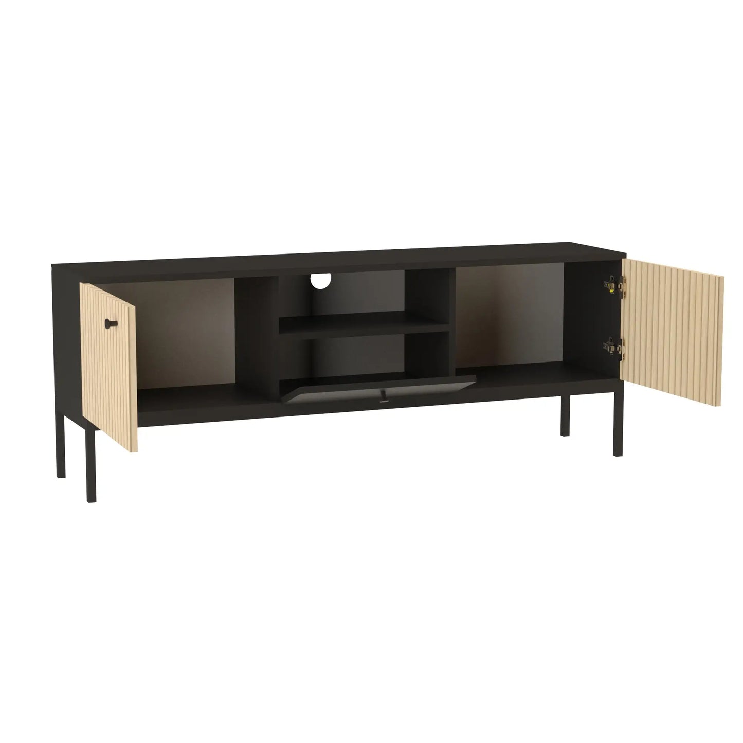 TV Schrank 150 cm, 3 Türen, glatte Fronten, auf einem schwarze Metallrahmen Gaja - Schwarz/Eiche