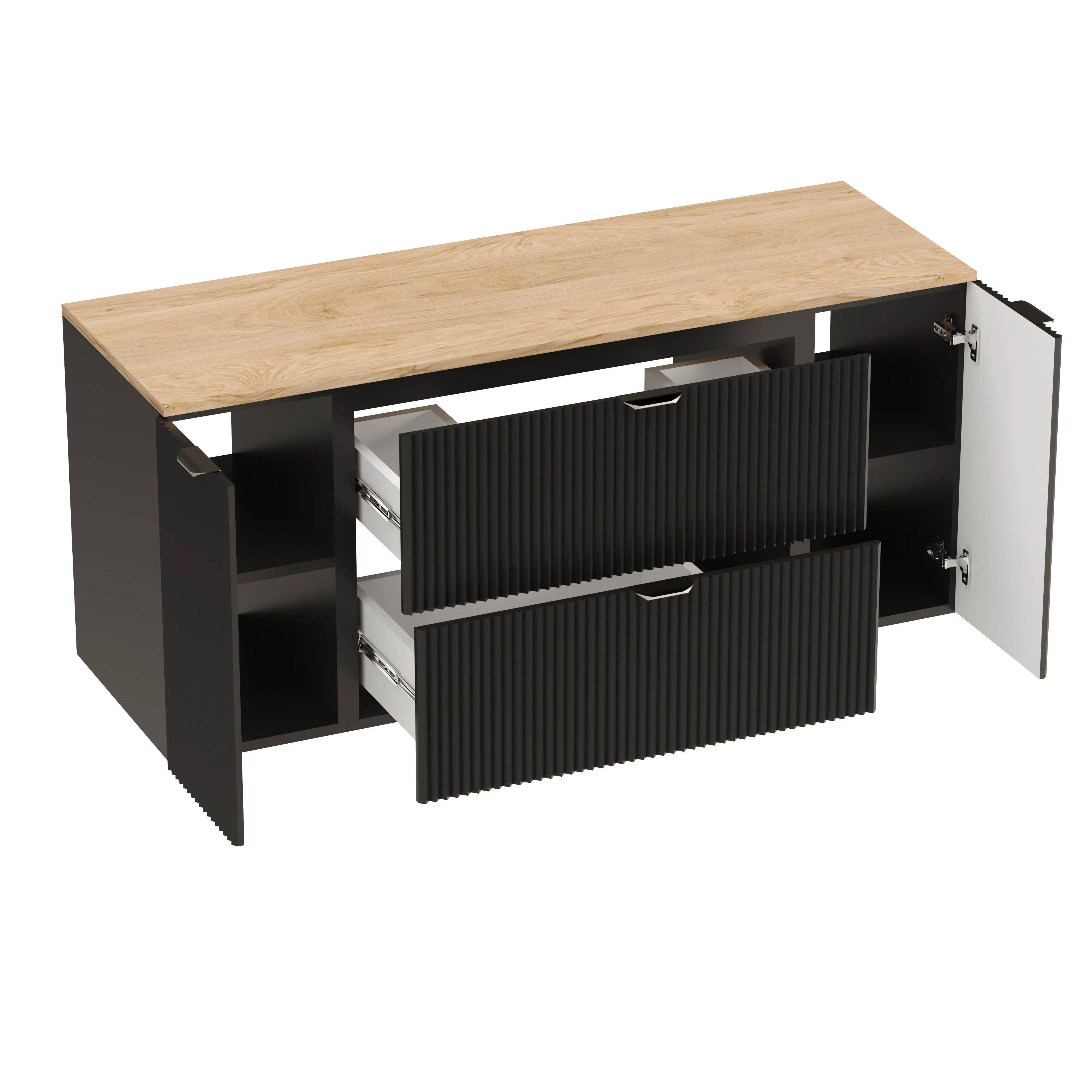 Waschtischunterschrank 140 cm mit 2 Türen und 2 Schubladen Willy - Schwarz, Walnussplatte
