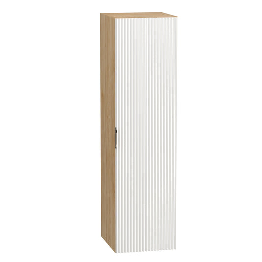 Eleganter Bad Hochschrank Willy in Weiß und Walnuss, 120 cm, mit geräumigen Fächern.