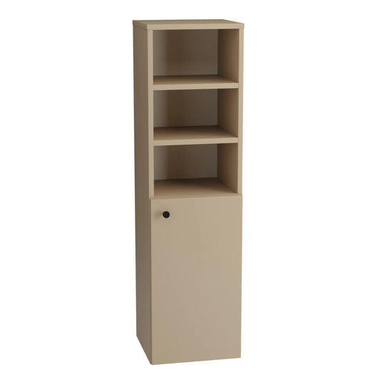 Bad Hochschrank 120 cm Beti – mit 1 Tür und halboffenem Bereich in Cappuccino. Der Hochschrank bietet eine praktische Mischung aus geschlossenem und offenen Stauraum. Die Tür im unteren Bereich sorgt für sicheren und ordentlichen Stauraum, während der obere halboffene Bereich mit 4 Regalen ideal für die Aufbewahrung von Handtüchern, Pflegeprodukten oder Dekorationen ist. Die elegante Cappuccino-Farbgebung fügt sich harmonisch in jedes Badezimmer ein und schafft eine warme, moderne Atmosphäre. Mit seinem fun