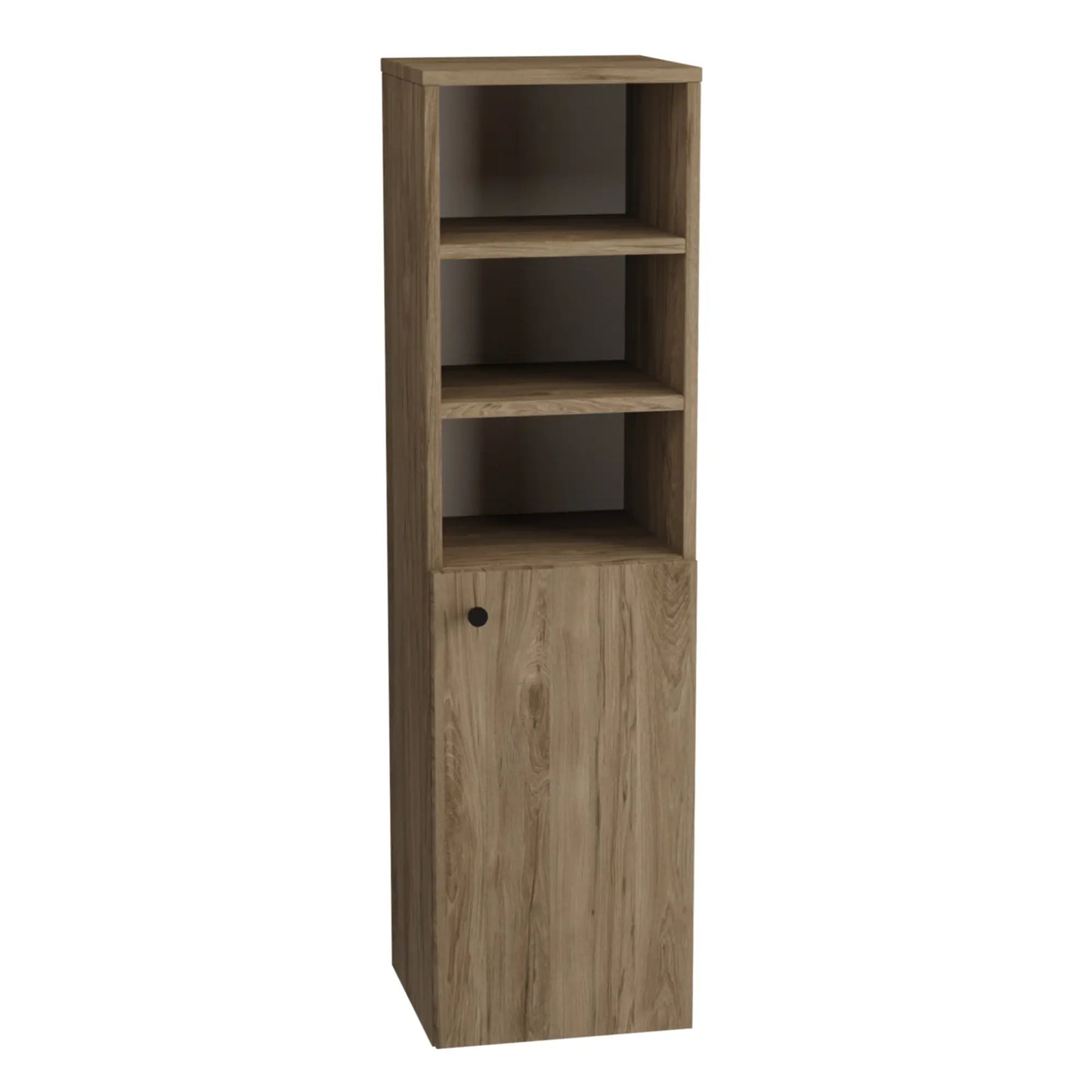 Bad Hochschrank 120 cm Beti – mit 1 Tür und halboffenem Bereich in Walnuss Dunkel. Dieser Hochschrank kombiniert geschlossenen Stauraum mit offenen Ablageflächen. Die Tür im unteren Bereich sorgt für praktischen, verdeckten Stauraum, während der obere, halboffene Bereich mit 4 Regalen ideal für die Aufbewahrung von Handtüchern, Pflegeprodukten oder Dekorationen ist. Die warme, dunkle Walnuss-Farbgebung verleiht dem Möbelstück eine elegante und natürliche Ausstrahlung, die jedes Badezimmer bereichert. Mit se