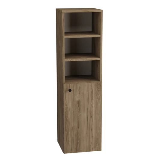 Bad Hochschrank 120 cm Beti – mit 1 Tür und halboffenem Bereich in Walnuss Dunkel. Dieser Hochschrank kombiniert geschlossenen Stauraum mit offenen Ablageflächen. Die Tür im unteren Bereich sorgt für praktischen, verdeckten Stauraum, während der obere, halboffene Bereich mit 4 Regalen ideal für die Aufbewahrung von Handtüchern, Pflegeprodukten oder Dekorationen ist. Die warme, dunkle Walnuss-Farbgebung verleiht dem Möbelstück eine elegante und natürliche Ausstrahlung, die jedes Badezimmer bereichert. Mit se
