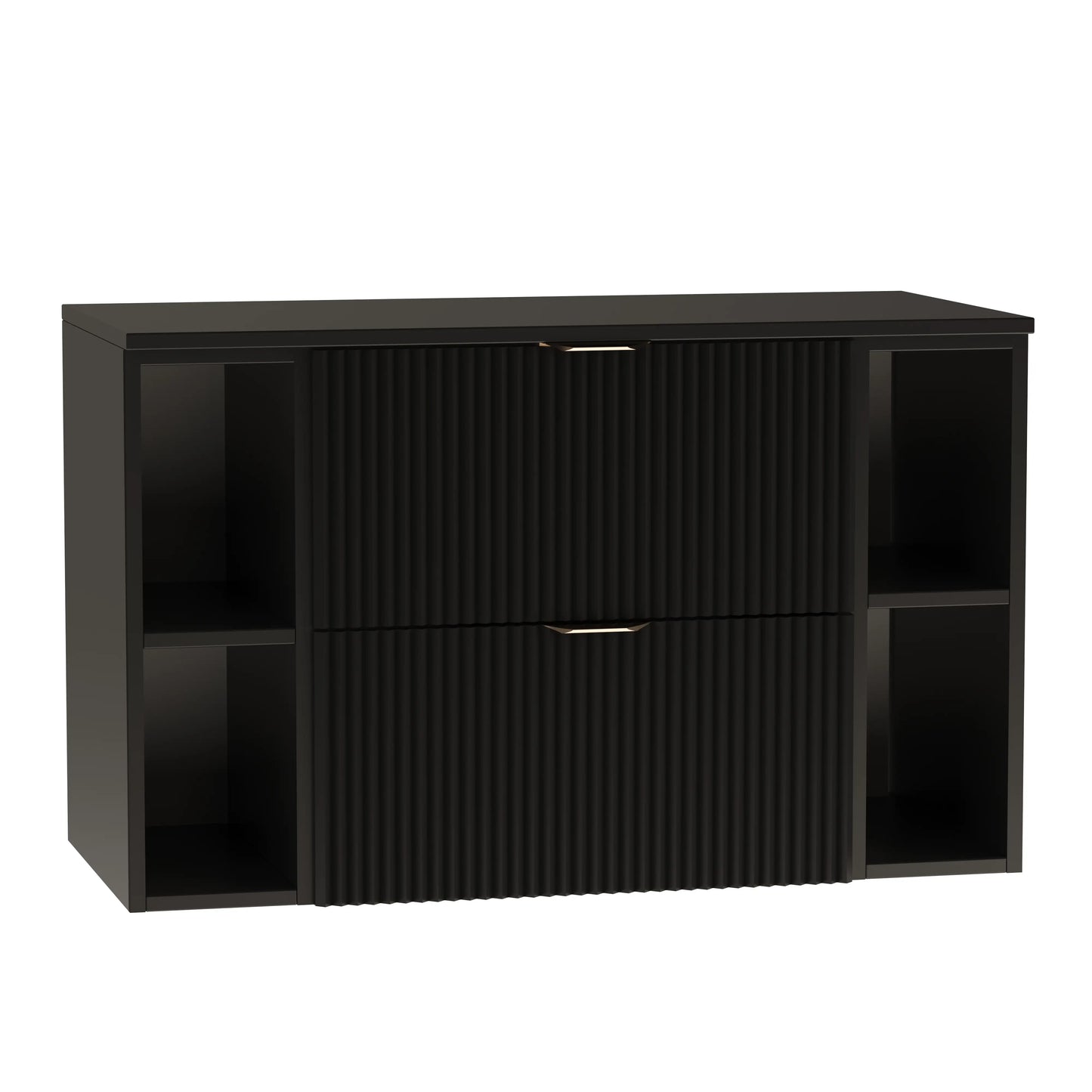 Waschtischunterschrank Willy 100 cm komplett in Schwarz mit geriffelten Fronten, zwei schwarzen Regalen, goldenen Griffen und schwarzer Arbeitsplatte.