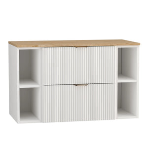 Waschtischunterschrank Willy 100 cm mit weißen Fronten, Walnuss-Arbeitsplatte, goldenen Griffen und zwei weißen Regalen im Badezimmer.