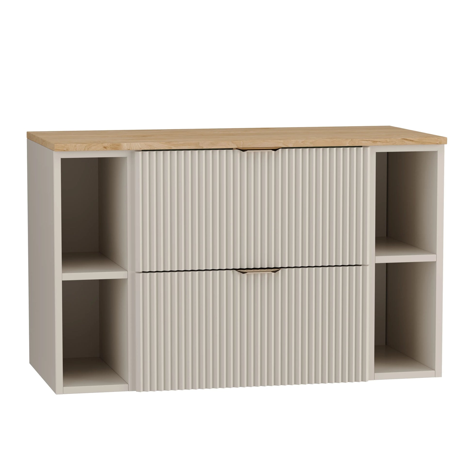 Waschtischunterschrank Willy 100 cm mit Kaschmir-Fronten, Walnuss-Arbeitsplatte, goldenen Griffen und zwei seitlichen Regalen im Badezimmer.