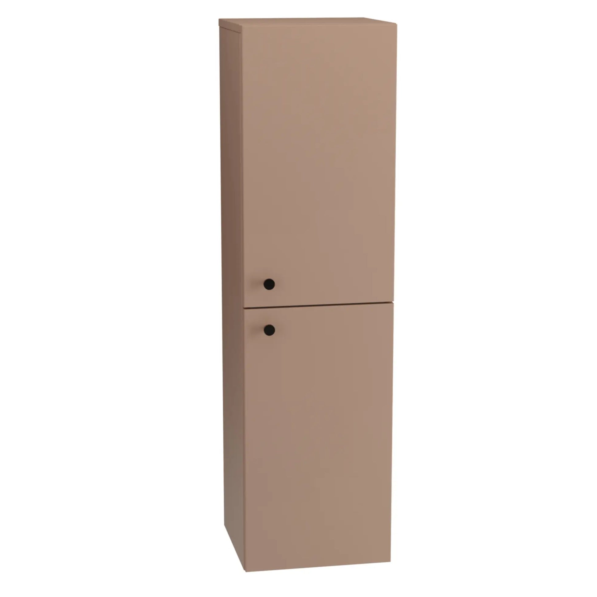 Dieser Bad Hochschrank überzeugt mit seinen modernen, glatten Fronten in einem eleganten Dunkelrosa. Die praktischen, metallischen Knopfgriffe in Form von Knöpfen ergänzen das dezente Design. Der Schrank bietet ausreichend Stauraum hinter zwei Türen und fügt sich stilvoll in jedes Badezimmer ein. Ideal für eine funktionale und gleichzeitig ästhetische Einrichtung.