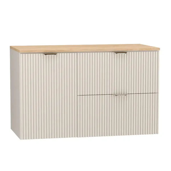 Badmöbel-Set: 100 cm Schrank mit Wäschekorb und Bad Hochschrank Willy - Kaschmir, Walnussplatte
