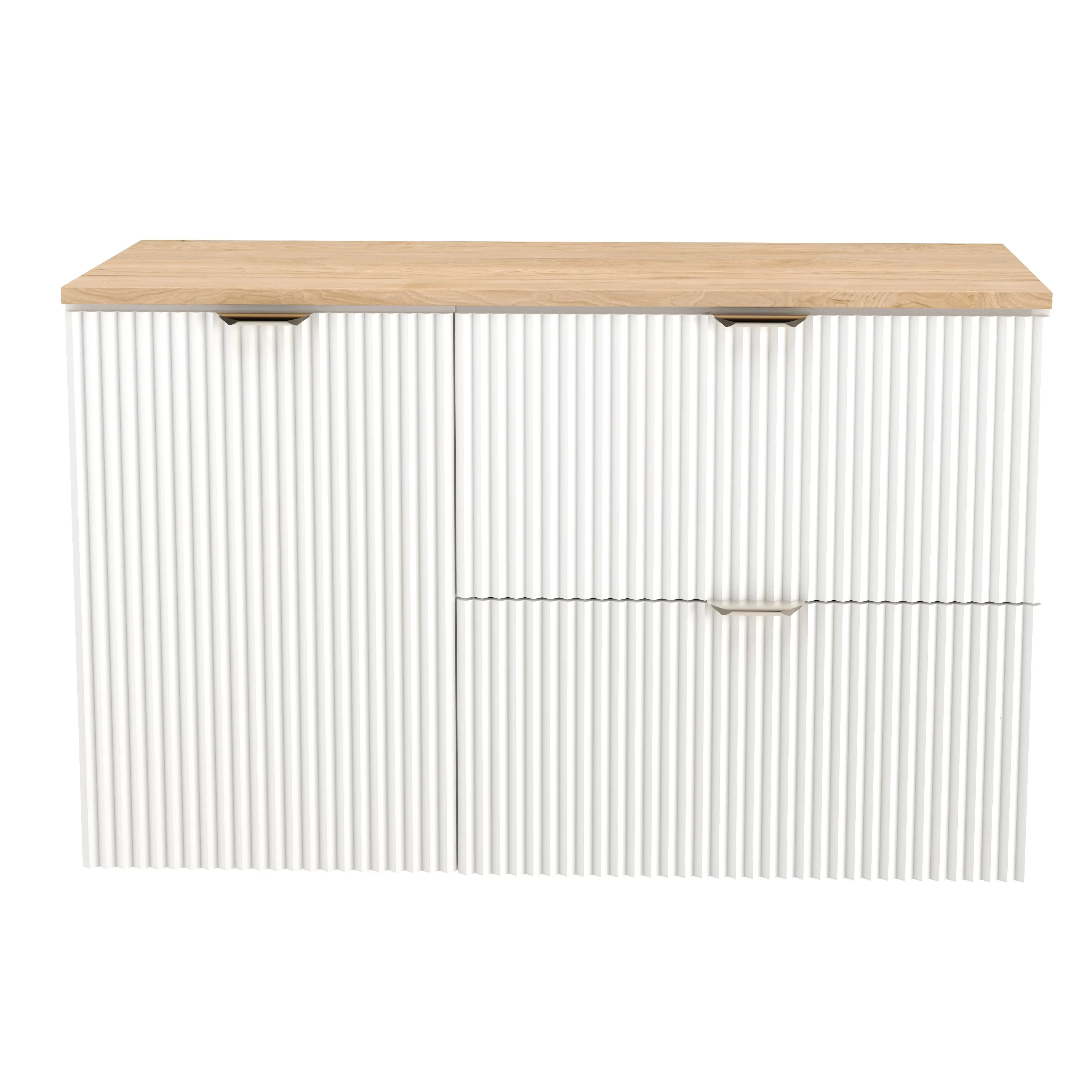 Waschtischunterschrank 100 cm mit Wäschekorb Willy - Weiß, Walnussplatte