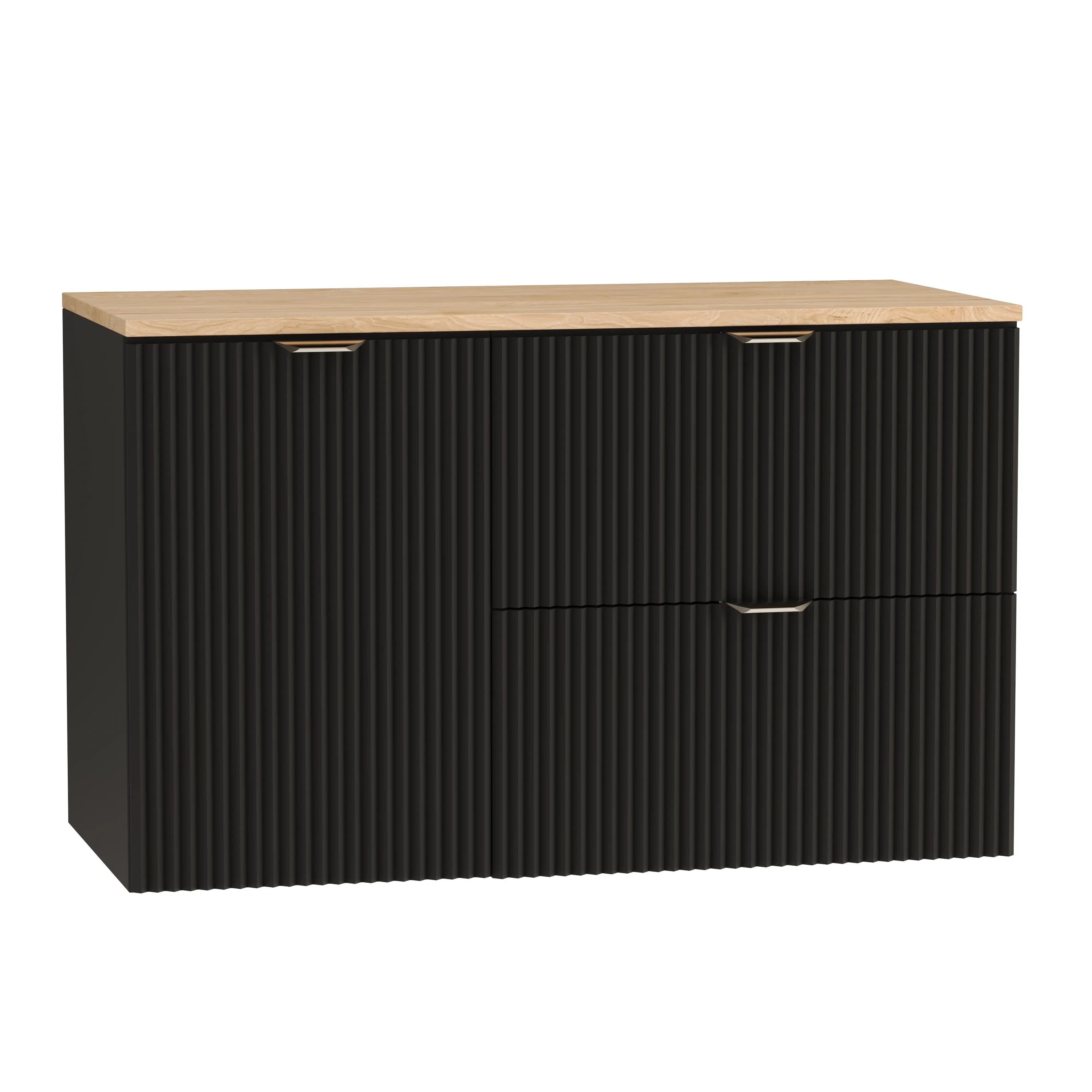 Waschtischunterschrank 100 cm mit Wäschekorb Willy - Schwarz, Walnussplatte
