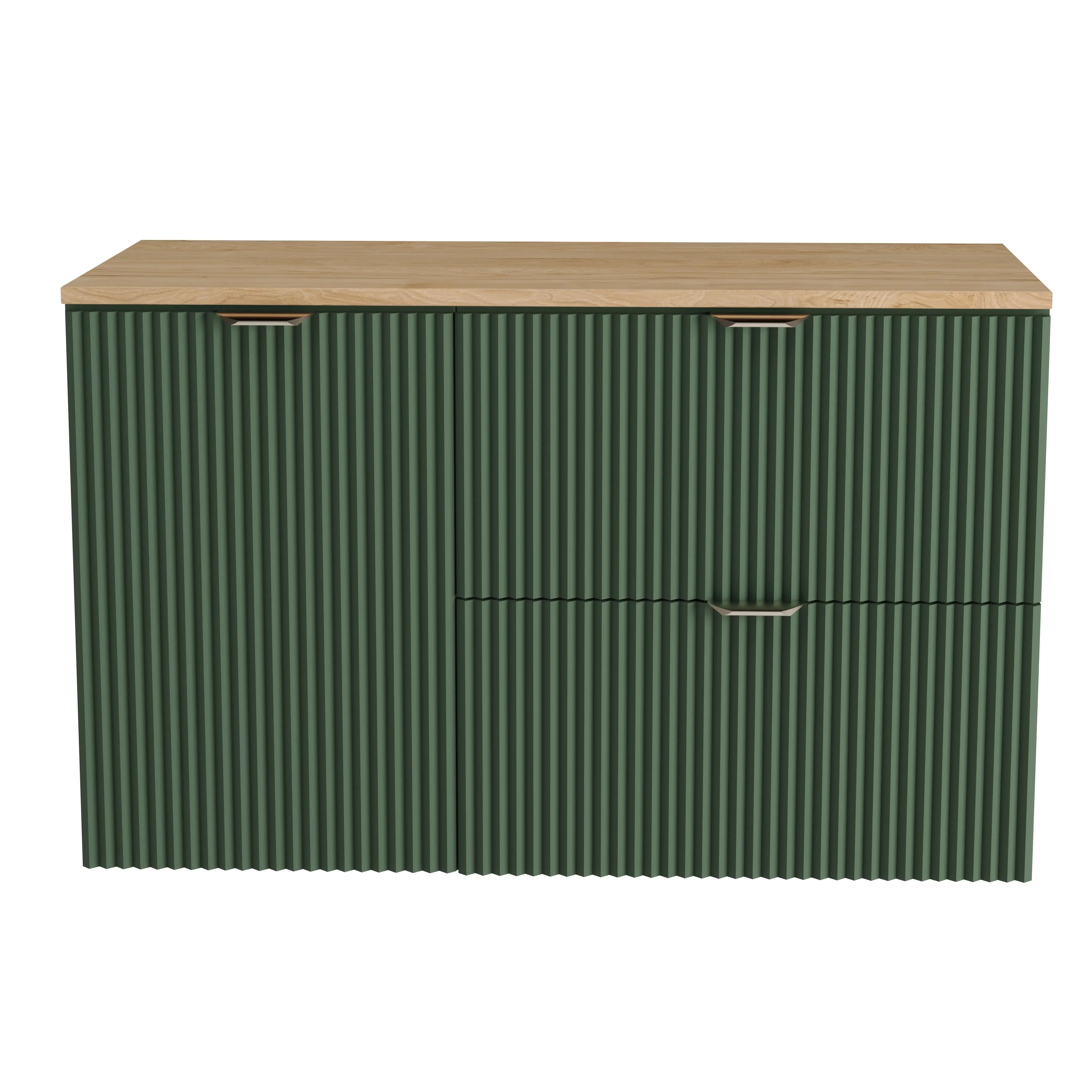 Waschtischunterschrank 100 cm mit Wäschekorb Willy - Salbei, Walnussplatte