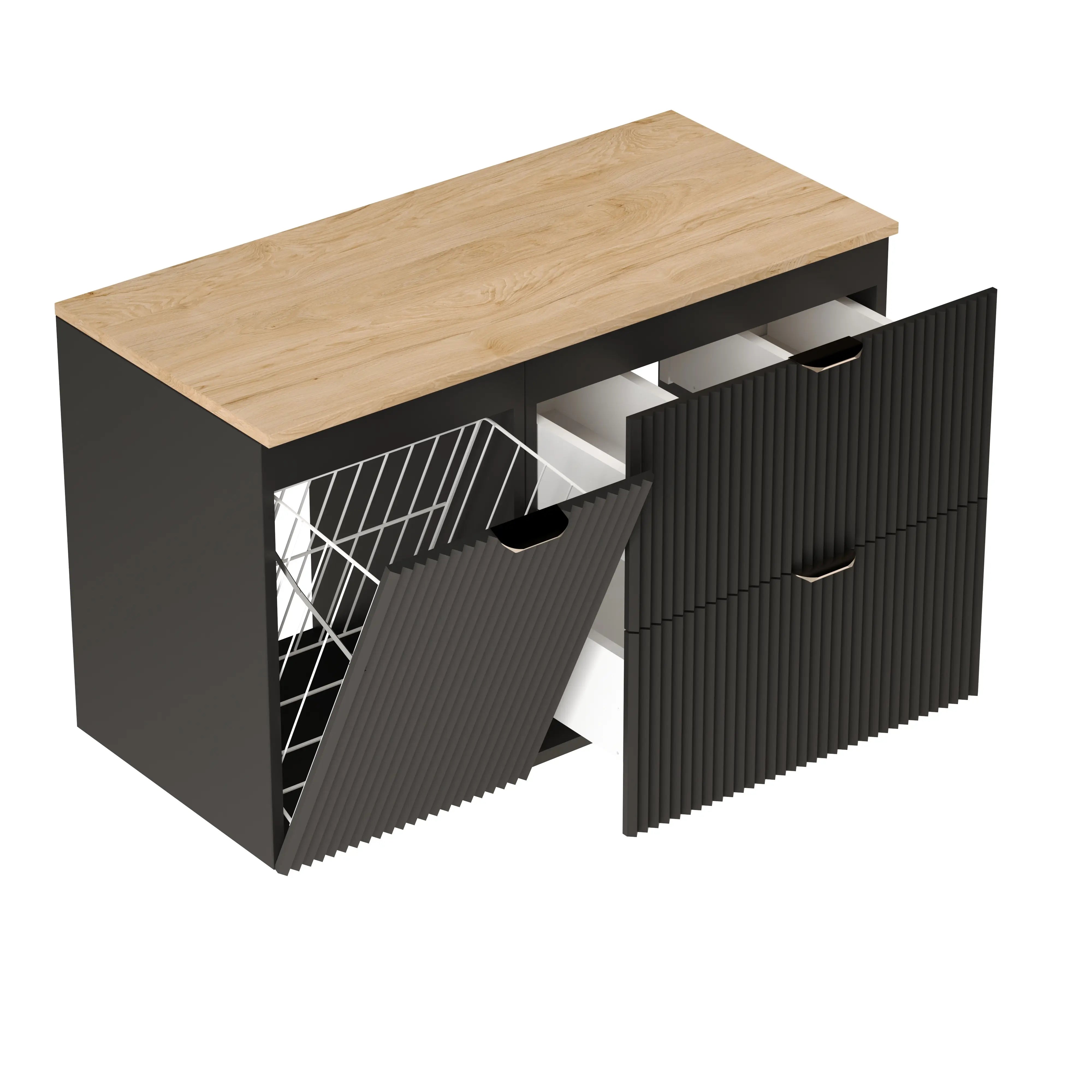 Waschtischunterschrank 100 cm mit Wäschekorb Willy - Schwarz, Walnussplatte