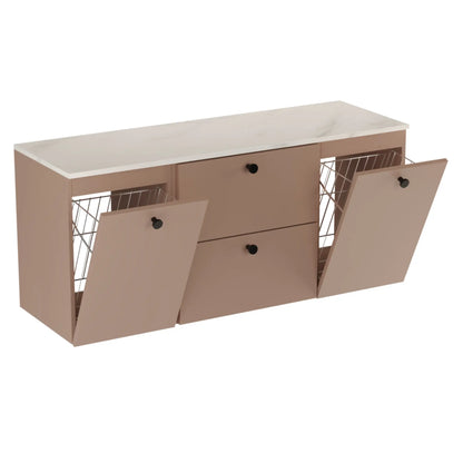Waschtischunterschrank 140 cm, mit 2 Wäschekörben Beti - Dunkelrosa/Marmur Bianco