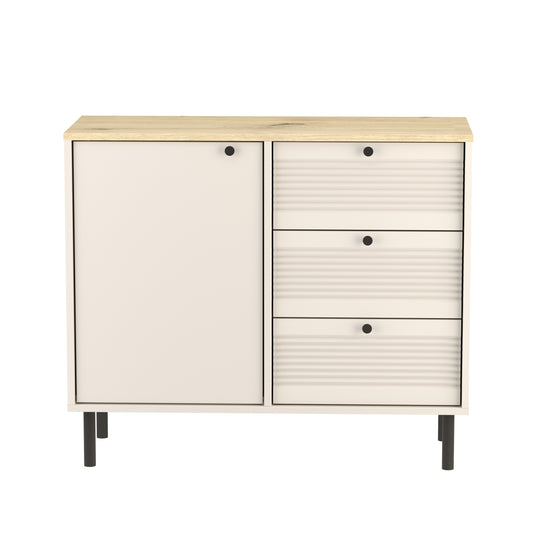 Elegante Kommode aus der Aura-Kollektion, 100 cm breit, in Kaschmir. Mit 1 Tür und 3 Schubladen bietet sie praktischen Stauraum für Ihre persönlichen Gegenstände. Das schlichte, aber stilvolle Design passt perfekt in jedes moderne Zuhause und sorgt für eine funktionale sowie ästhetische Aufbewahrung. Ideal für Ihr Wohnzimmer, Flur oder Schlafzimmer.