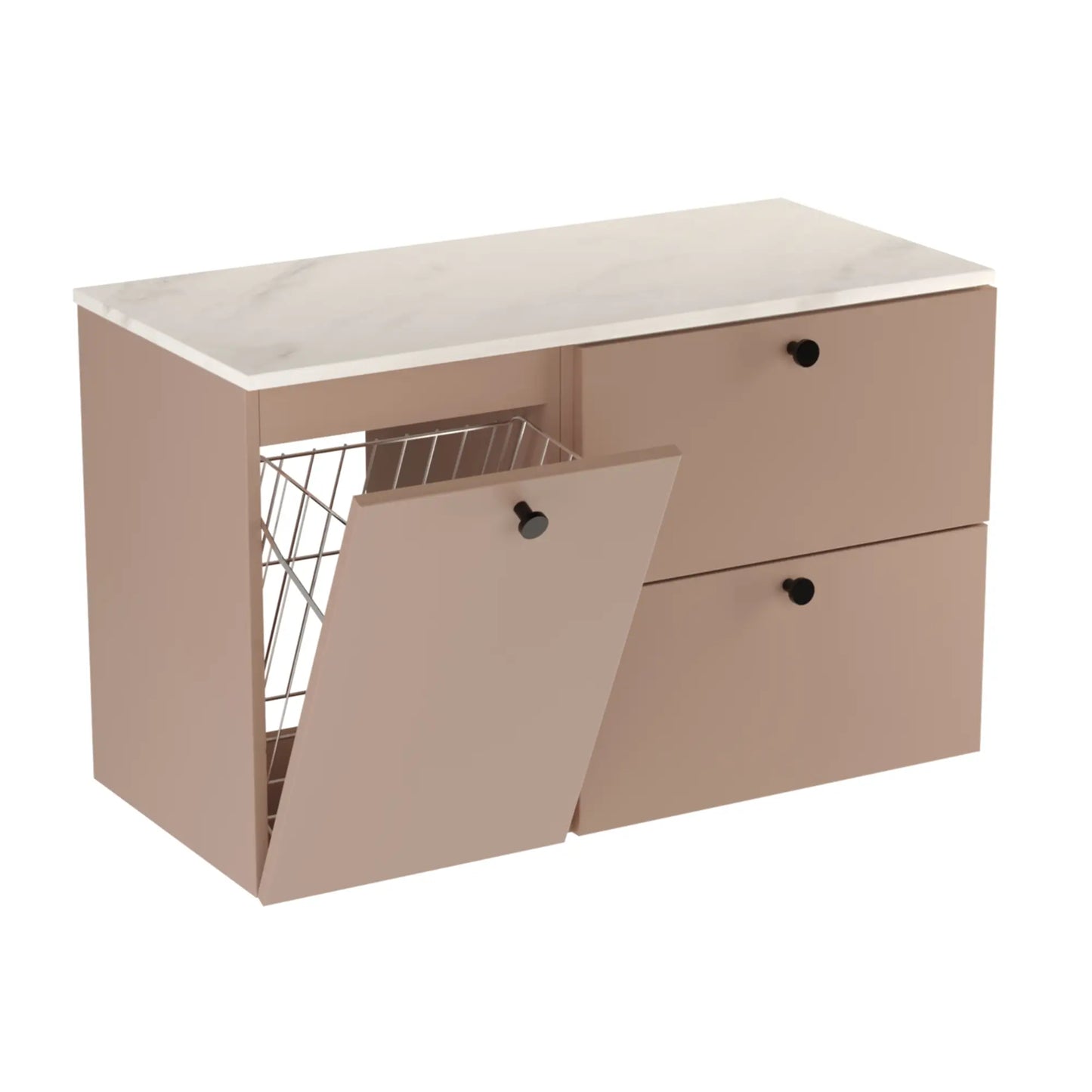 Waschtischunterschrank 100 cm, mit Wäschekorb Beti - Dunkelrosa/Marmur Bianco
