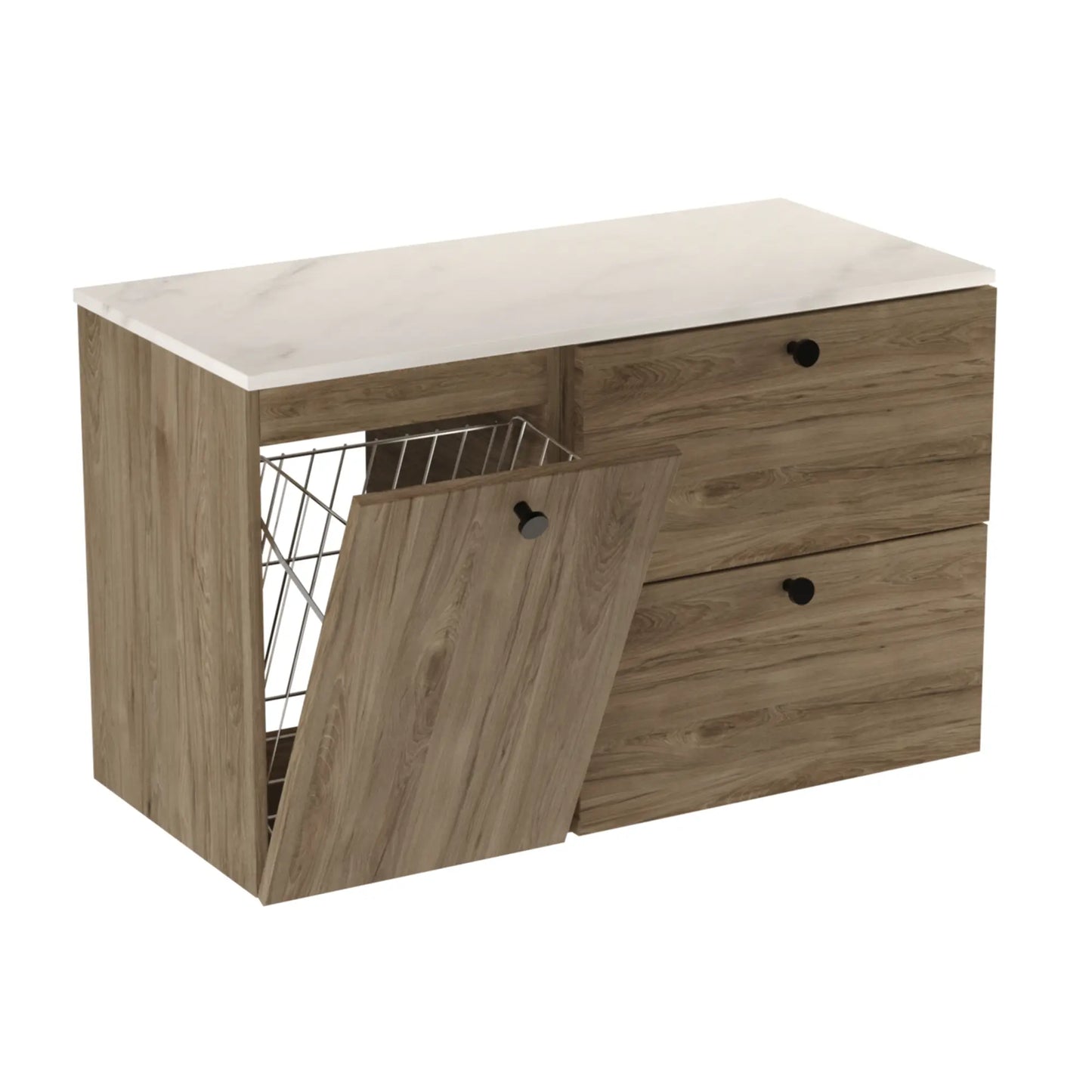 Waschtischunterschrank 100 cm, mit Wäschekorb Beti - Walnuss Dunkel/Marmur Bianco
