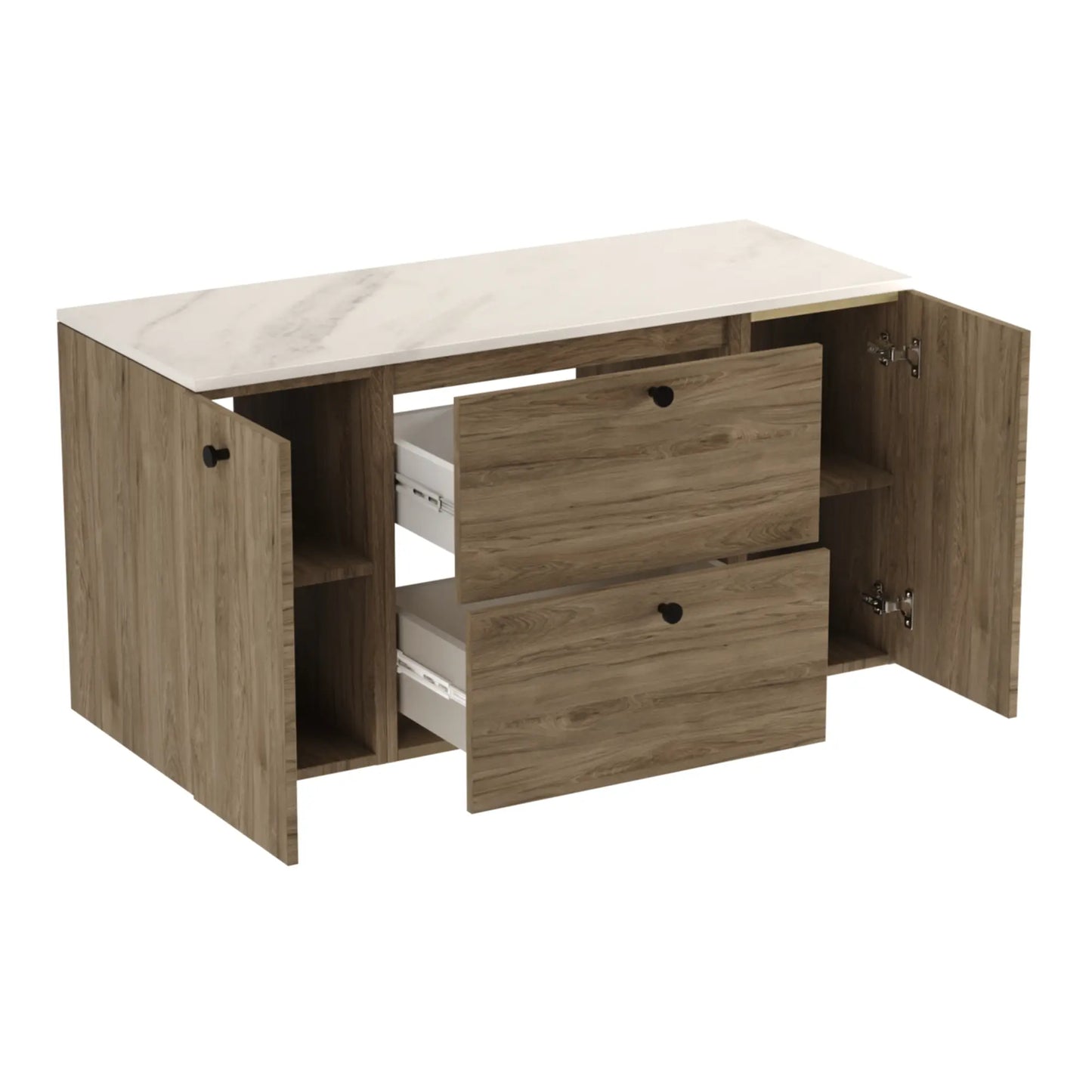Waschtischunterschrank 120 cm mit 2 Türen und 2 Schubladen Beti - Walnuss Dunkel/Marmur Bianco