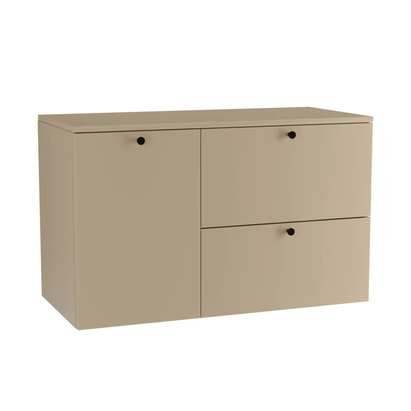 Waschtischunterschrank 100 cm, mit Wäschekorb Beti - Cappuccino

Dieser elegante Waschtischunterschrank in warmem Cappuccino-Farbton vereint stilvolles Design mit hoher Funktionalität. Mit einer Breite von 100 cm bietet er optimalen Stauraum durch zwei geräumige Schubladen sowie eine Tür, hinter der sich ein praktischer, integrierter Wäschekorb verbirgt. Die glatten Fronten sorgen für eine moderne Optik, während die metallischen Knopfgriffe dezente, edle Akzente setzen. Ideal für stilbewusste Badezimmer, ko