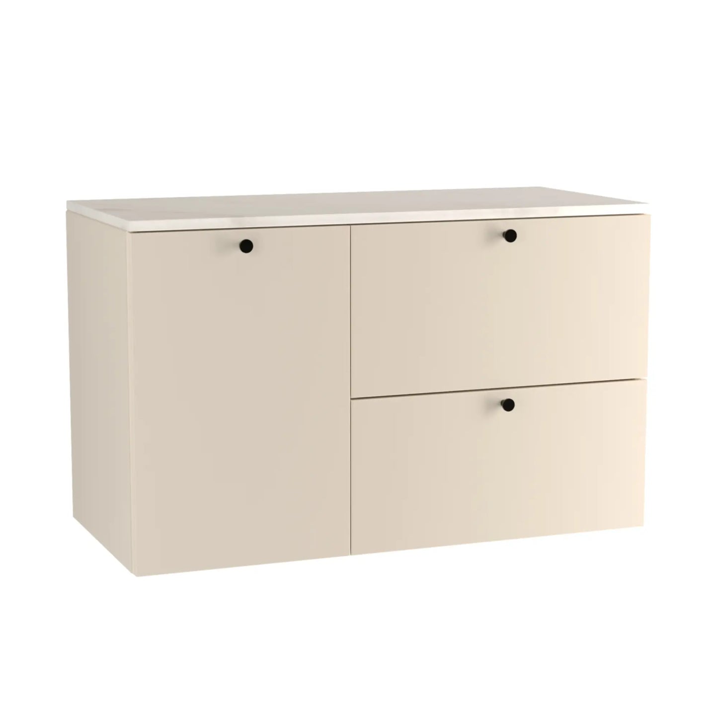 Waschtischunterschrank 100 cm, mit Wäschekorb Beti - Kaschmir/Marmur Bianco

Dieser Waschtischunterschrank in edlem Kaschmir-Farbton vereint zeitloses Design mit praktischer Funktionalität. Mit einer Breite von 100 cm bietet er zwei geräumige Schubladen und eine Tür, hinter der sich ein praktischer Wäschekorb befindet. Das luxuriöse Marmur Bianco-Blatt setzt einen eleganten Akzent und verleiht dem Schrank eine moderne und raffinierte Note. Die glatten Fronten und die metallischen Knopfgriffe runden das stil