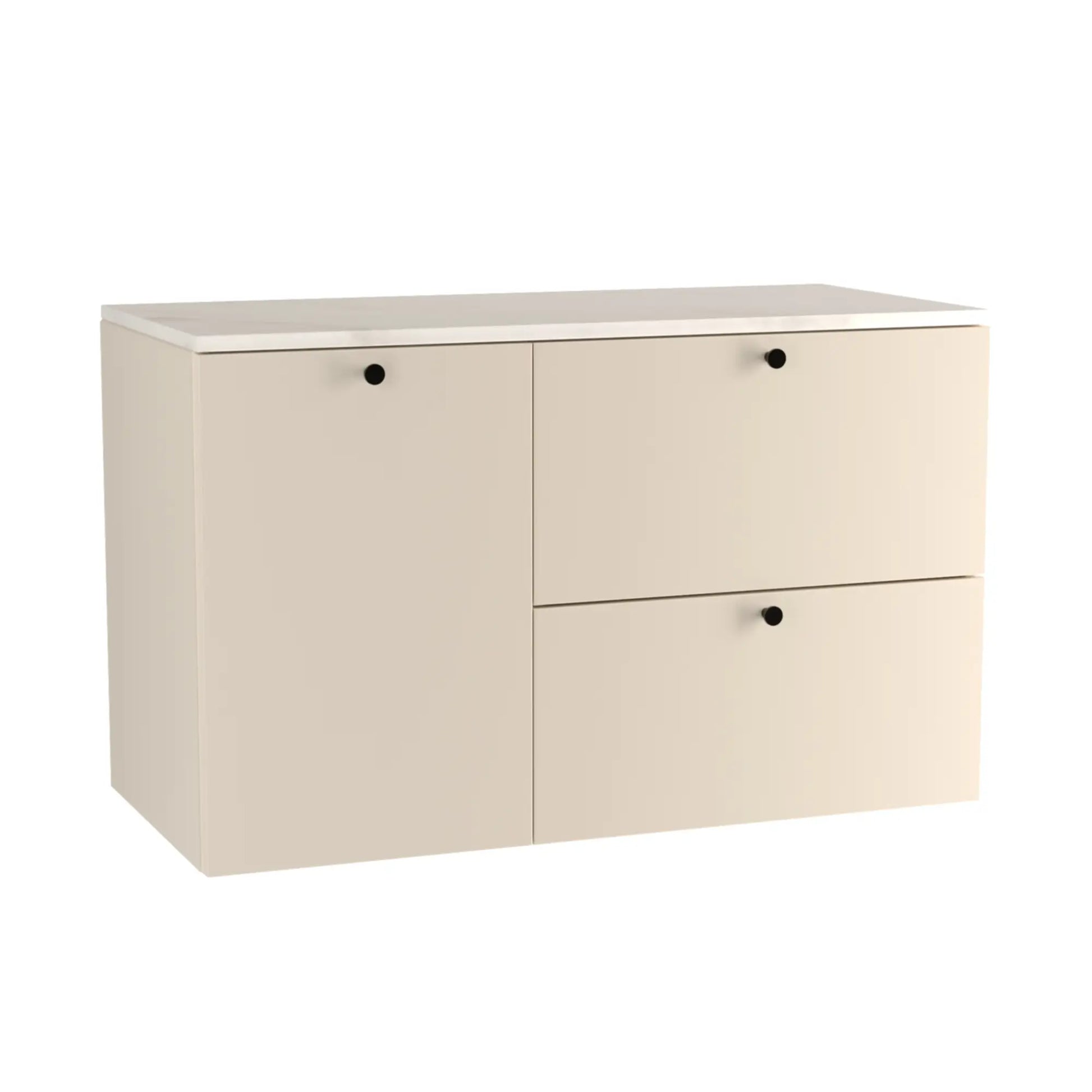 Waschtischunterschrank 100 cm, mit Wäschekorb Beti - Kaschmir/Marmur Bianco

Dieser Waschtischunterschrank in edlem Kaschmir-Farbton vereint zeitloses Design mit praktischer Funktionalität. Mit einer Breite von 100 cm bietet er zwei geräumige Schubladen und eine Tür, hinter der sich ein praktischer Wäschekorb befindet. Das luxuriöse Marmur Bianco-Blatt setzt einen eleganten Akzent und verleiht dem Schrank eine moderne und raffinierte Note. Die glatten Fronten und die metallischen Knopfgriffe runden das stil
