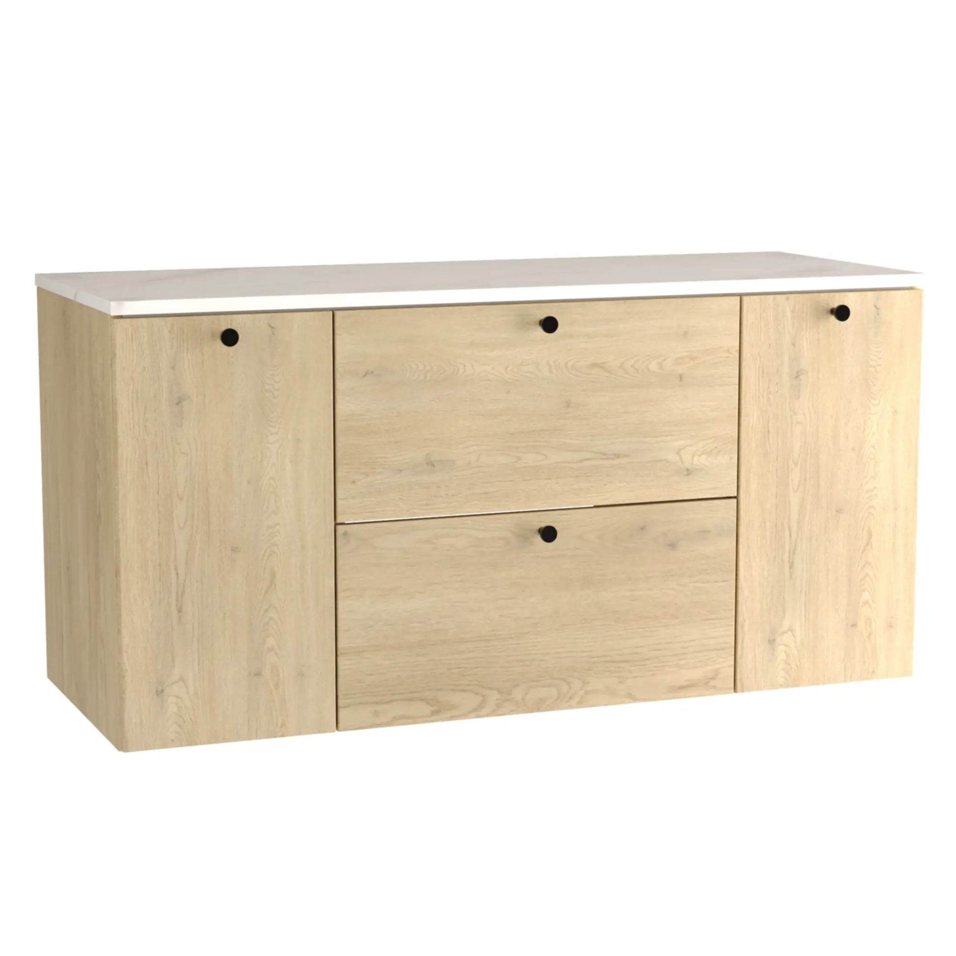 Waschtischunterschrank 120 cm Beti – mit 2 Türen und 2 Schubladen, in der Kombination aus Eiche Cremona und Marmur Bianco. Der Schrank überzeugt durch glatte Fronten in Eiche Cremona, die für eine warme und moderne Ausstrahlung sorgen. Der Korpus und die Fronten sind in einem eleganten Eiche Cremona gehalten, während die großzügige Marmur Bianco Arbeitsplatte dem Möbelstück eine edle und luxuriöse Note verleiht. Die zwei Türen und zwei Schubladen bieten ausreichend Stauraum für Ihre Badezimmerutensilien und