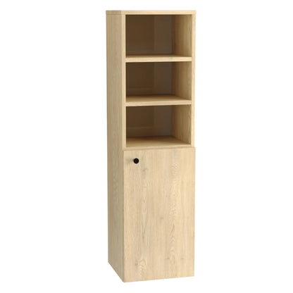 Bad Hochschrank 120 cm Beti – mit 1 Tür und 4 Regalen in Eiche Cremona. Der Hochschrank bietet eine durchdachte Kombination aus Stauraum und offenen Ablageflächen. Die Tür im unteren Bereich sorgt für geschlossenen Stauraum, während die 4 Regale im oberen, offenen Bereich ideal für die Aufbewahrung von Handtüchern, Pflegeprodukten oder Dekorationen sind. Die warme Farbgebung der Eiche Cremona schafft eine natürliche und gemütliche Atmosphäre im Badezimmer. Mit seinem modernen Design und der funktionalen Auf