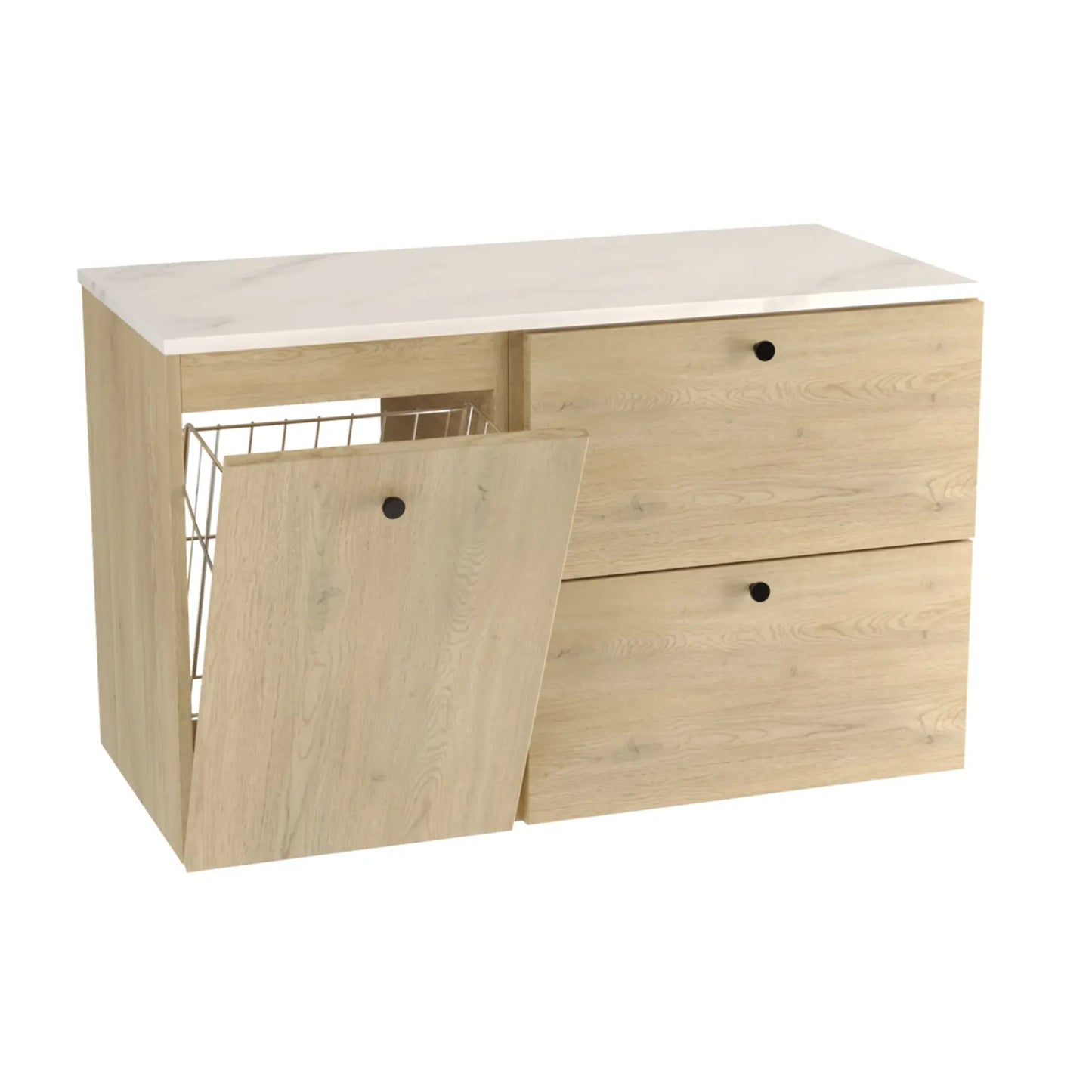 Waschtischunterschrank 100 cm, mit Wäschekorb Beti - Eiche Cremona/Marmur Bianco