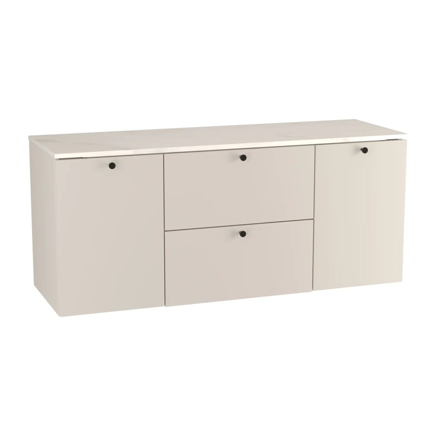 Waschtischunterschrank 140 cm, mit 2 Wäschekörben Beti - Kaschmir/Marmur Bianco

Dieser Waschtischunterschrank in elegantem Kaschmir-Farbton kombiniert ästhetisches Design mit praktischer Funktionalität. Der Schrank bietet zwei integrierte Wäschekörbe hinter den Türen, die eine ordentliche Aufbewahrung der Wäsche ermöglichen. Das edle Marmur Bianco-Blatt ergänzt das Design mit einem luxuriösen Touch und setzt einen stilvollen Akzent. Die glatten Fronten und modernen, metallischen Knopfgriffe runden das Gesa