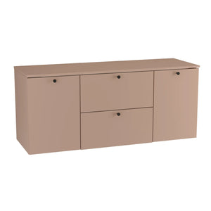 Waschtischunterschrank 140 cm, mit 2 Wäschekörben Beti - Dunkelrosa

Dieser großzügige Waschtischunterschrank in Dunkelrosa bietet nicht nur elegantes Design, sondern auch praktische Funktionalität. Er verfügt über zwei integrierte Wäschekörbe, die hinter den Türen für eine ordentliche Wäscheaufbewahrung sorgen. Die glatten Fronten und die modernen, metallischen Knopfgriffe verleihen dem Schrank einen minimalistischen und stilvollen Look. Ideal für größere Badezimmer, bietet dieser Unterschrank eine praktis