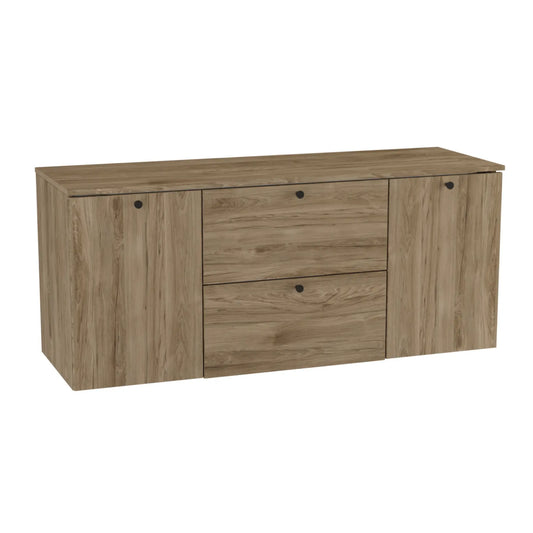 Waschtischunterschrank 140 cm, mit 2 Wäschekörben Beti - Walnuss Dunkel

Dieser stilvolle Waschtischunterschrank in edler Walnuss-Dunkel-Optik verbindet elegantes Design mit praktischer Funktionalität. Er verfügt über zwei integrierte Wäschekörbe hinter den Türen, die eine diskrete und geordnete Aufbewahrung ermöglichen. Die glatten Fronten unterstreichen die moderne Ästhetik, während die metallischen Knopfgriffe einen dezenten, edlen Akzent setzen. Perfekt für größere Badezimmer, bietet dieser Unterschrank