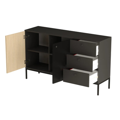 Kommode 150 cm, 2 Türen, 3 Schubladen, glatte Fronten, auf einem schwarze Metallrahmen Gaja - Schwarz/Eiche