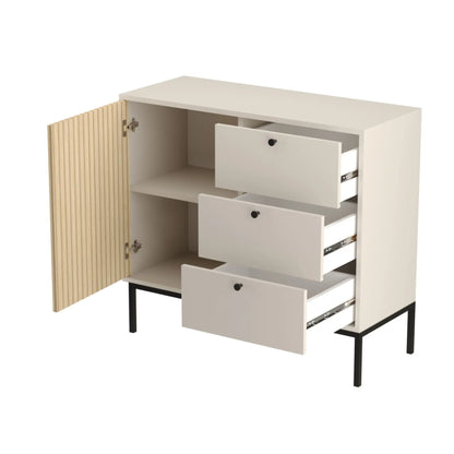 Kommode schmal 100 cm, 1 Tür, 3 Schubladen, glatte Fronten, auf einem schwarze Metallrahmen Gaja - Kaschmir/Eiche