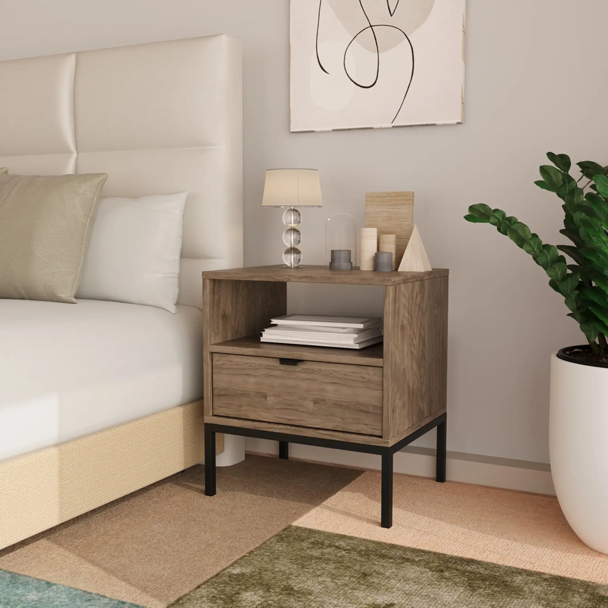 Nachttisch Aura mit Schublade und Ablage, schwarzer Metallrahmen, Walnuss Dunkel, elegantes Design für moderne Schlafzimmer.