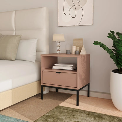 Nachttisch Aura Dunkelrosa mit Schublade, Ablage und schwarzem Metallrahmen, elegantes Design für moderne Schlafzimmer.