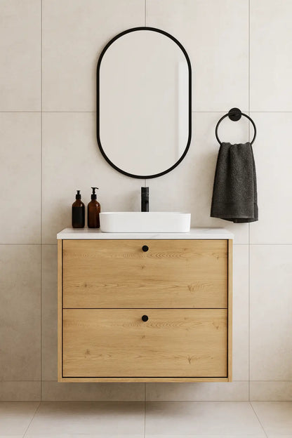 Waschtischunterschrank 60 cm, glatte Fronten Belino - Eiche Cremona/Marmor Bianco