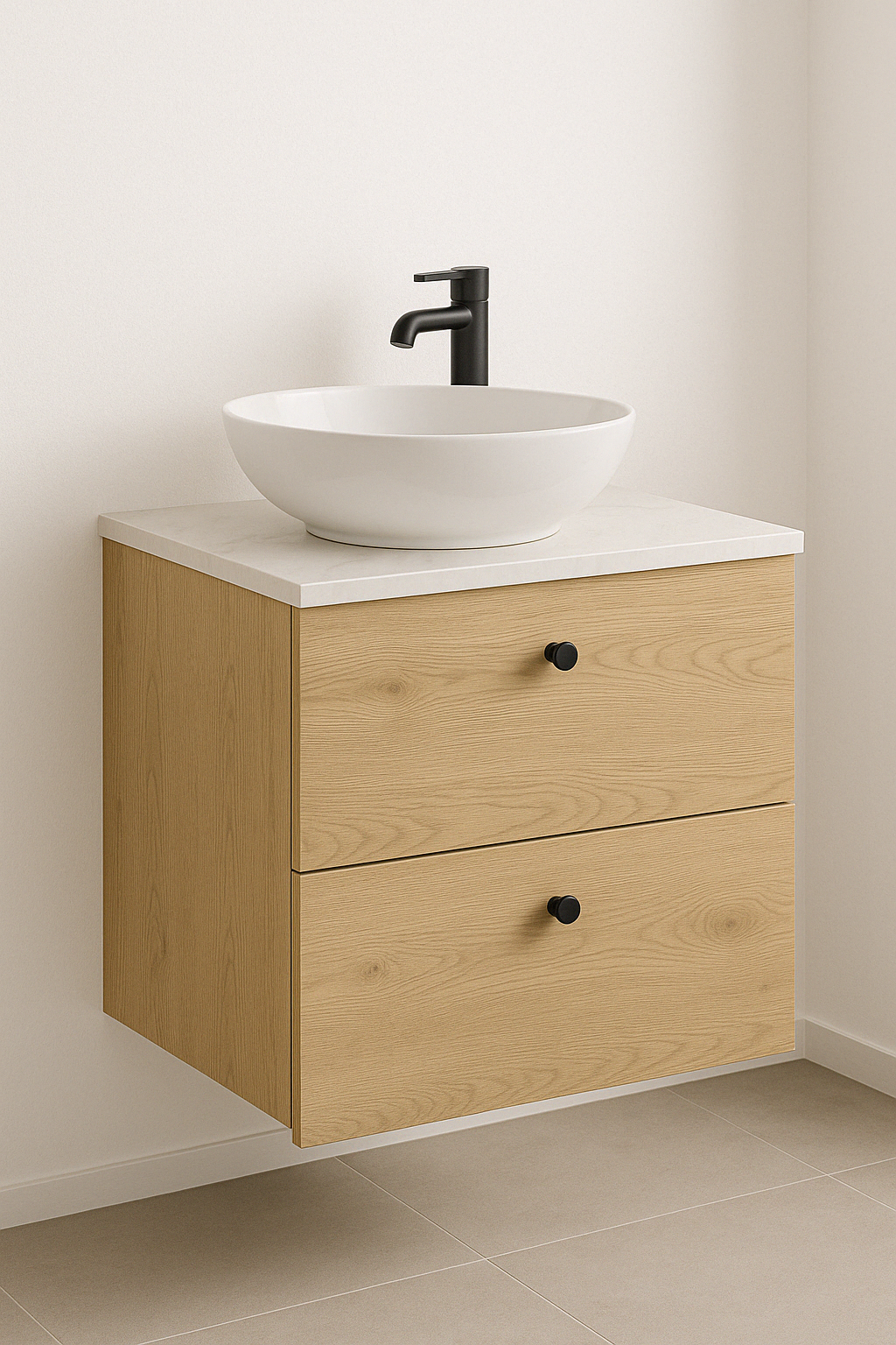 Waschtischunterschrank 60 cm, glatte Fronten Beti - Eiche Cremona/Marmur Bianco