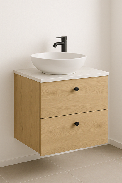 Waschtischunterschrank 60 cm, glatte Fronten Beti - Eiche Cremona/Marmur Bianco
