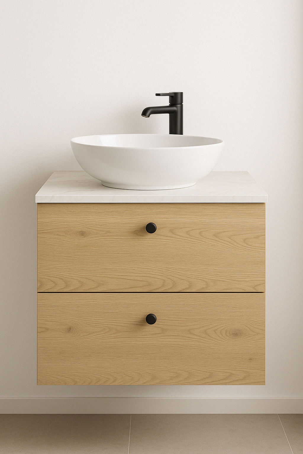 Waschtischunterschrank 60 cm, glatte Fronten Beti - Eiche Cremona/Marmur Bianco