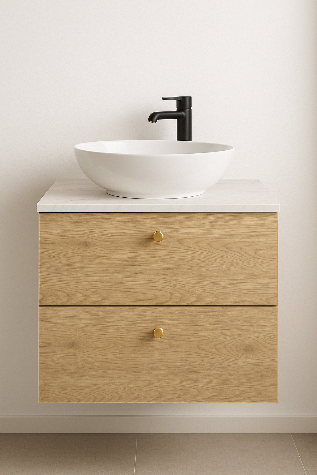 Waschtischunterschrank 60 cm, glatte Fronten Beti - Eiche Cremona/Marmur Bianco