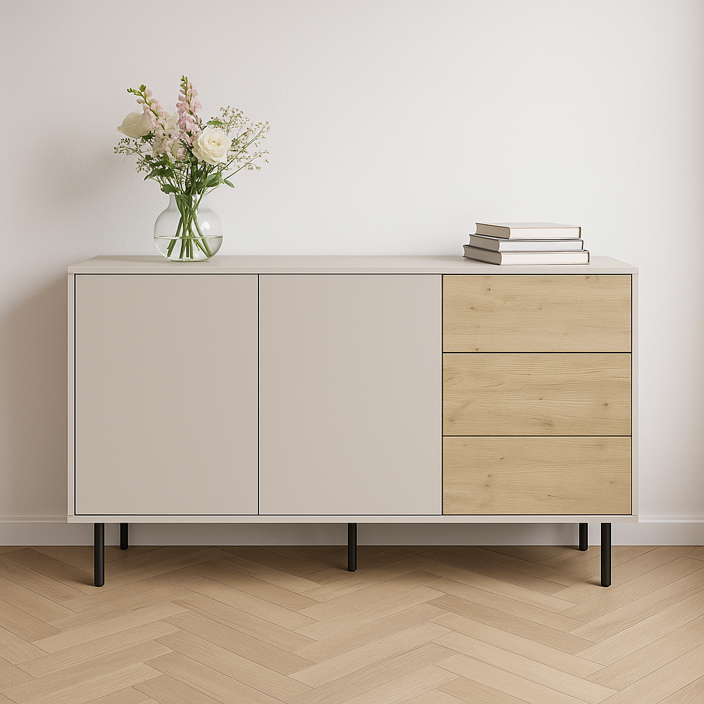 Kommode 150 cm, 2 Türen 3 Schubladen Lola - Kaschmir/Eiche