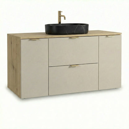 Badmöbel-Set: 120 cm Schrank mit 2 Schubladen, 2 Türen Orio - Kaschmir/Eiche artisan