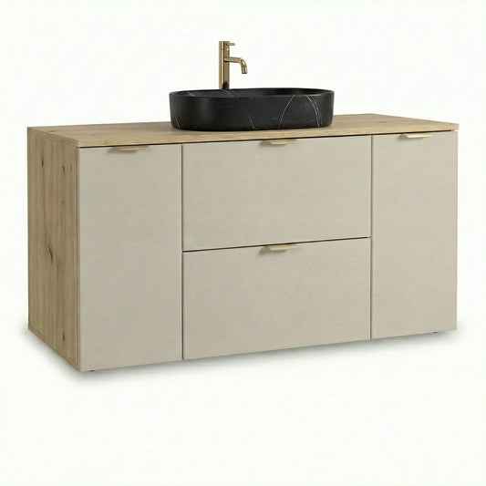 Badmöbel-Set: 120 cm Schrank mit 2 Schubladen, 2 Türen Orio - Kaschmir/Eiche artisan