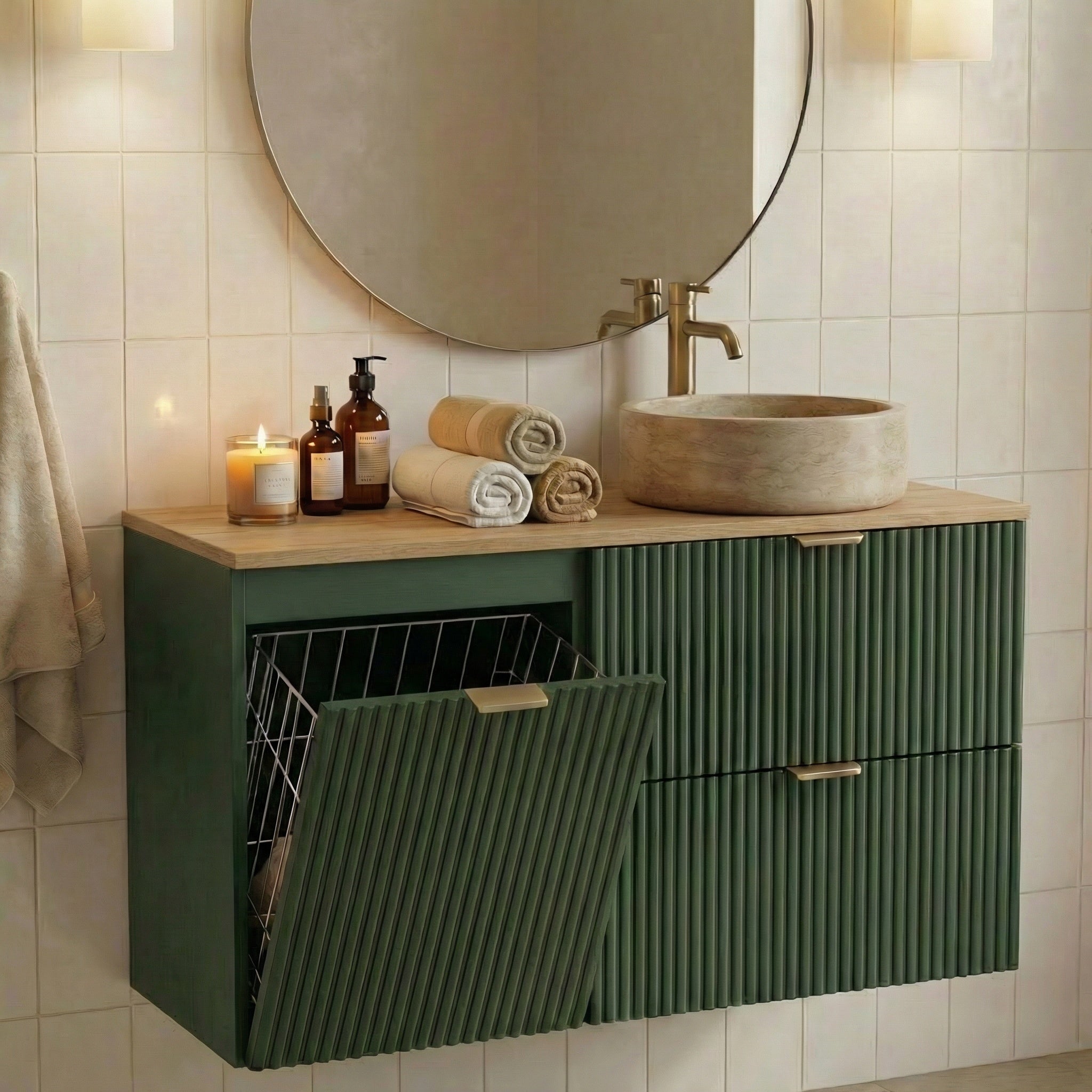 Waschtischunterschrank 100 cm mit Wäschekorb Willy - Salbei, Walnussplatte